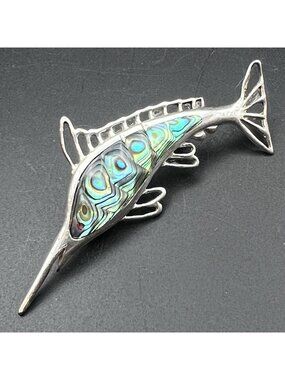 Vintage 925 Sterling Silver Abalone Sailfish Marlin Fish Brooch Pin Signed 2"